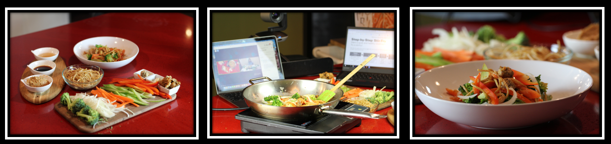 3 images showing the final dish the first image shows the food chopped and bowls of spices the second image shows the food being cooked in a skillet the third image shows the final dish in a bowl