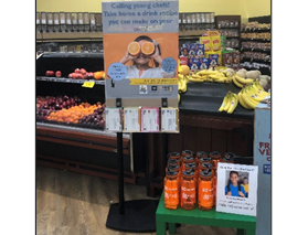 Rethink your drink display in a grocery story with free recipe cards for customers to take
