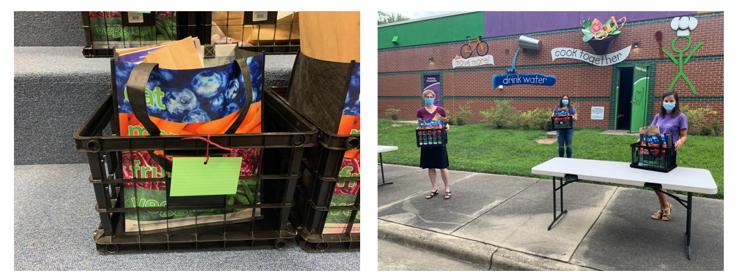 image one: a bag of materials waiting to be picked up by participants; image two: 3 adults wearing masks stand socially distant from each other with camp materials to be picked up