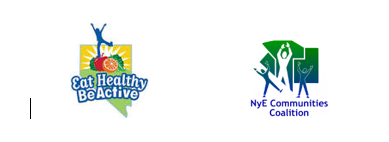 Eat Healthy Be Active Logo with drawings of fruits and and a person; Nye Communities Coalition with drawings of people with their arms in the air