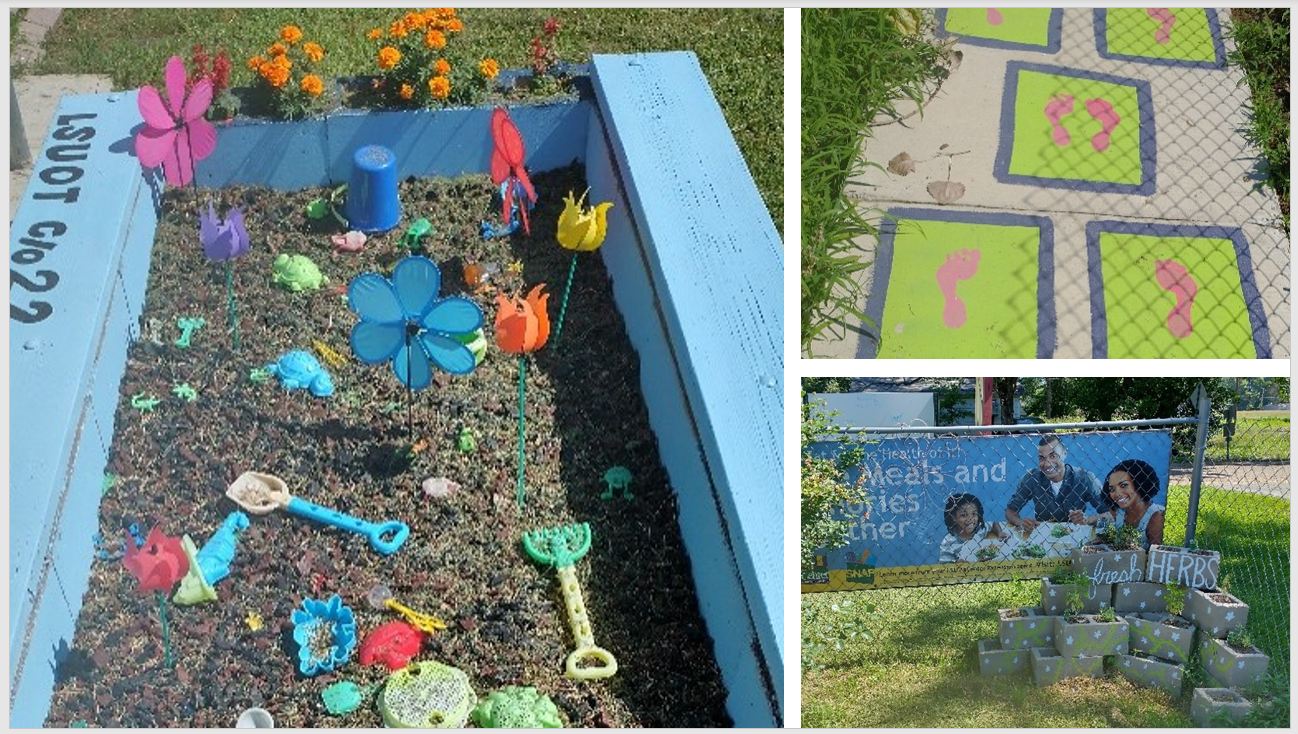 accessible garden: first image is a garden tool practice station, second image is a game station with non-verbal hopscotch, third image is a sensory garden including fragrant herbs