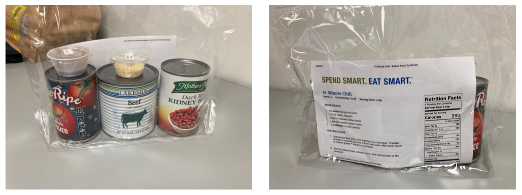 three cans of food in a bag along with a containers of spices and a recipe from Spend Smart Eat Smart 10 Minute Chili