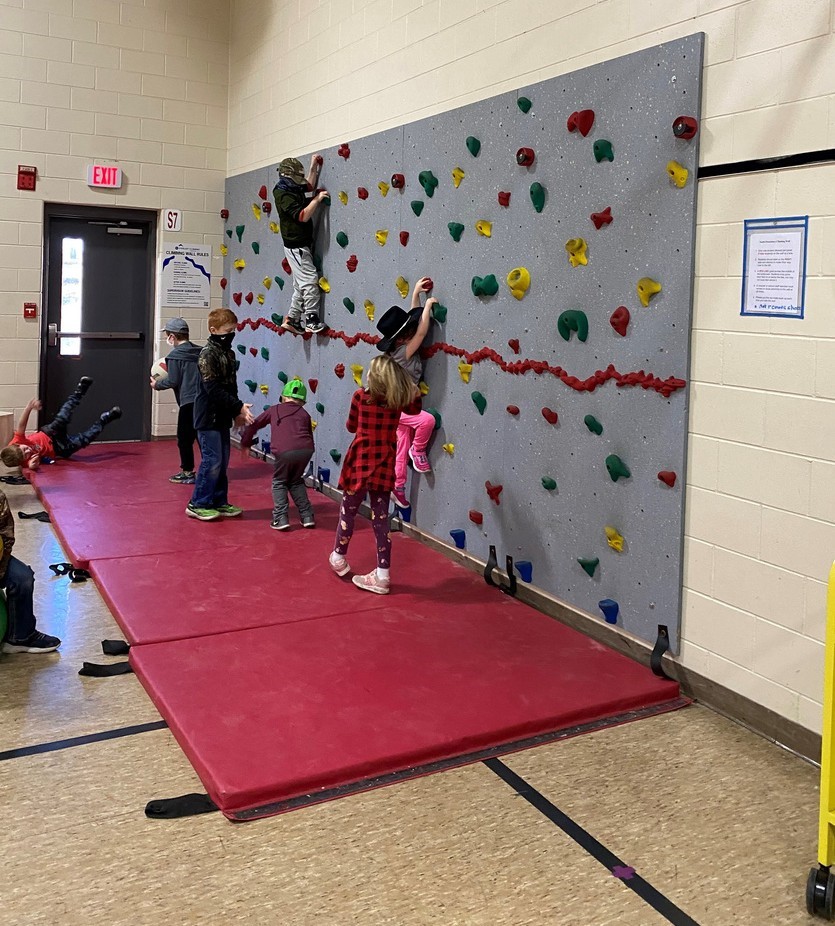 kids climbing on a rock climbing wall