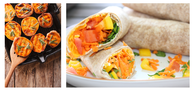 image of grilled sweet potatoes with rosemary and an image of a vegetable omelet