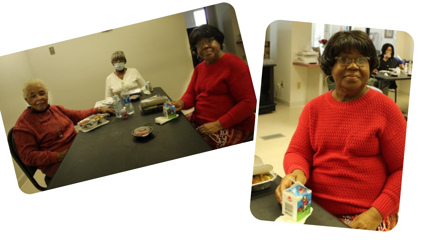 3 women enjoing a meal together at a community center.  Close up photo of one of the women smiling for the camera. 