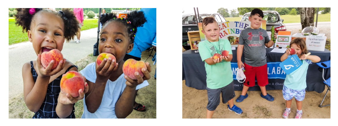 2 photos of kids holding peaches