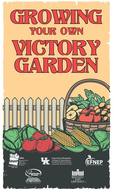 Growing Your Own Victory Garden poster with drawings of fruits and vegetables