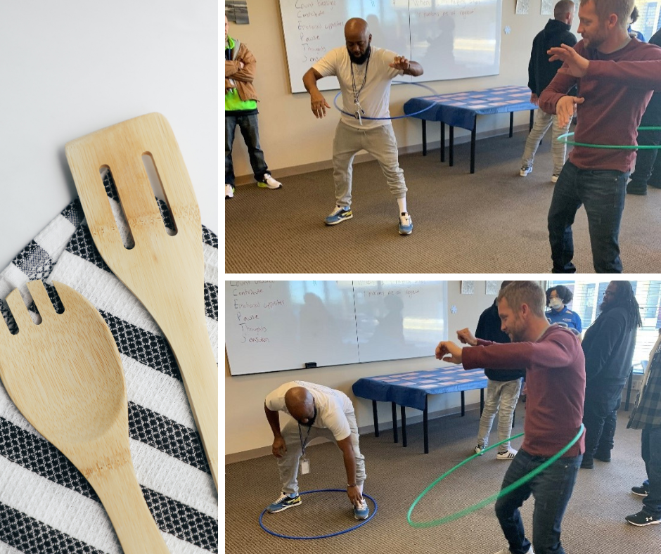 collage: 2 images of participants hula hooping and having fun, one image of cooking utensils.