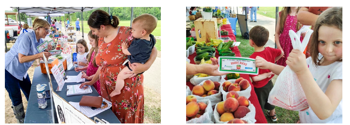 2 photos of adults and kids shopping at the Farmers Market