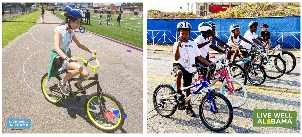 2 images, 1st image a girl rides a bike, 2nd image kids on bikes