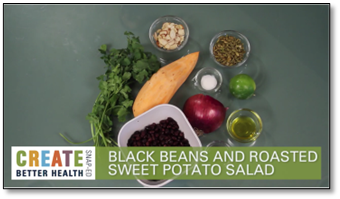 Screen capture of recipe video showing ingredients for black beans and roasted sweet potato salad