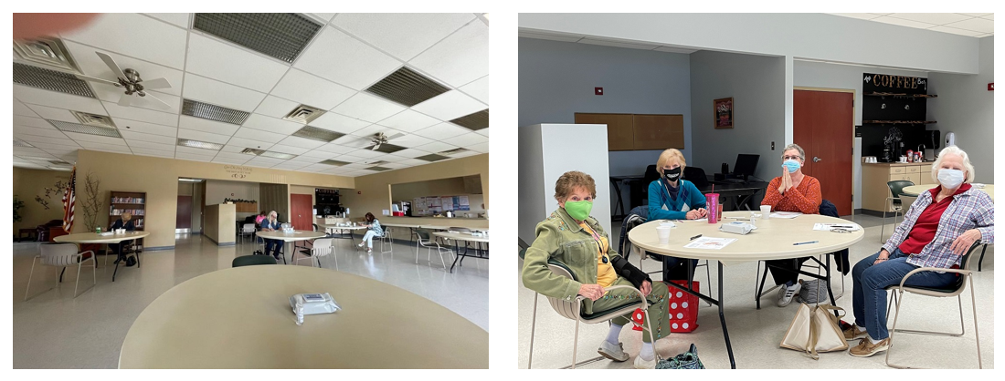 two images: first image senior adults socially distancing while attending class; 2nd image: senior adults sitting around a table with face masks