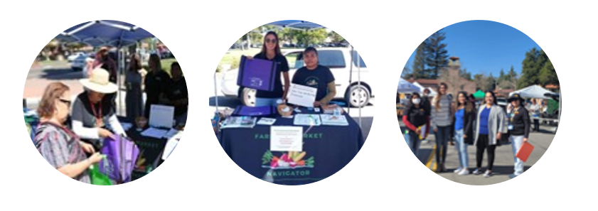 3 images which depict scenes at the Farmers Market: 2 ladies talking, a table with information; people stand for a photo in te parking lot