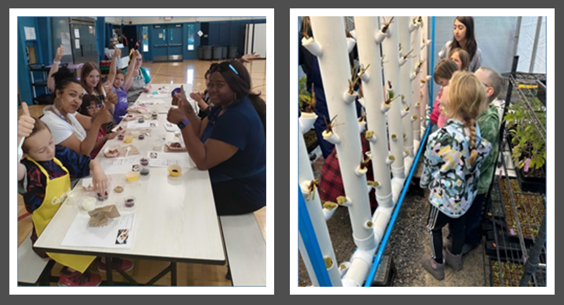 2 images: first image kids enjoying a snack at a table; 2nd image: kids next to hydroponic garden