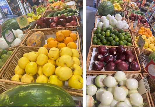 produce display in a local corner store with nutrition nuggets signage