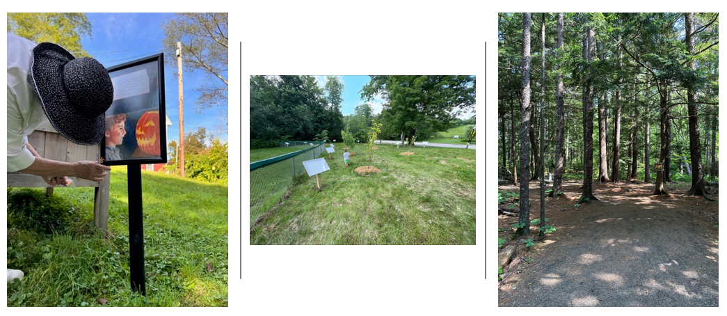 3 images: first image a participant reads a page from the StoryWalks route, 2nd image showing the pages displayed along the route, 3rd image shows a wooded area with pages from the stories posted