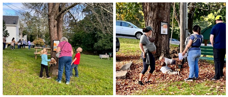 2 images of groups of participants in the Maine StoryWalks reading a page from a story