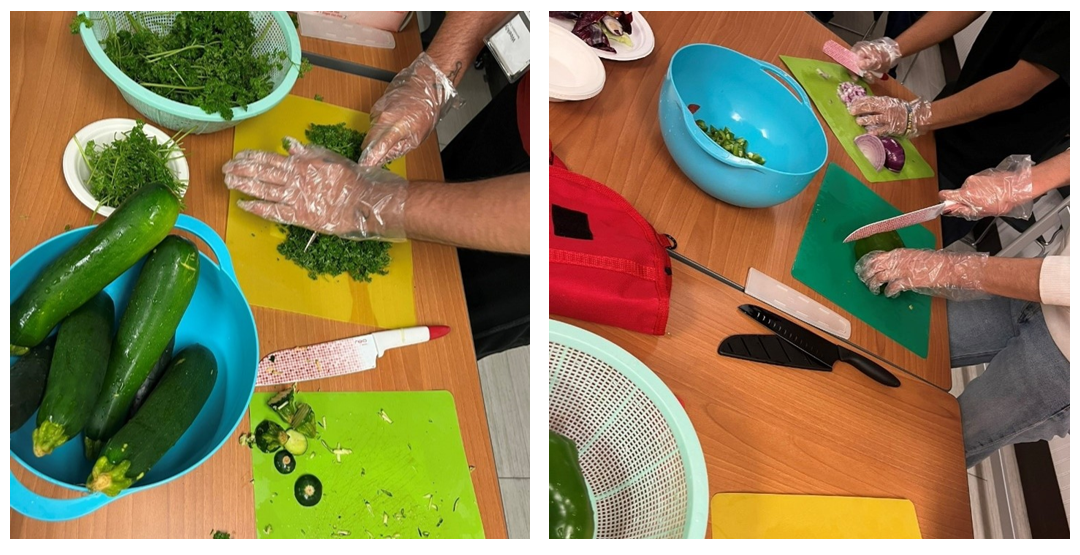 participants prep food by cutting vegetabels and herbs