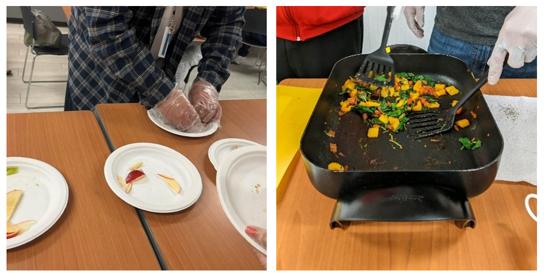 Participants cook food in an electric skillet and put food on plates