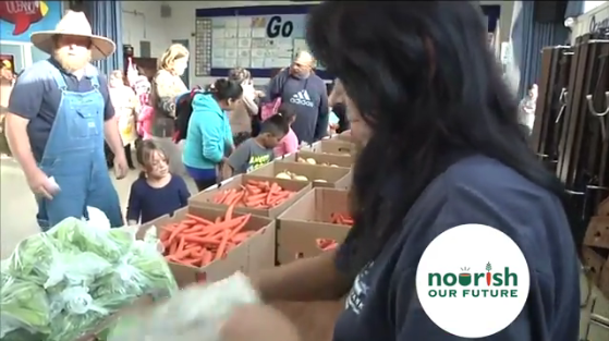boxes of produce with a farmer standing nearby