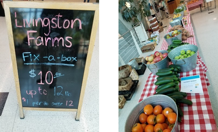 Image of a Farmers Market sign board and table full of produce.