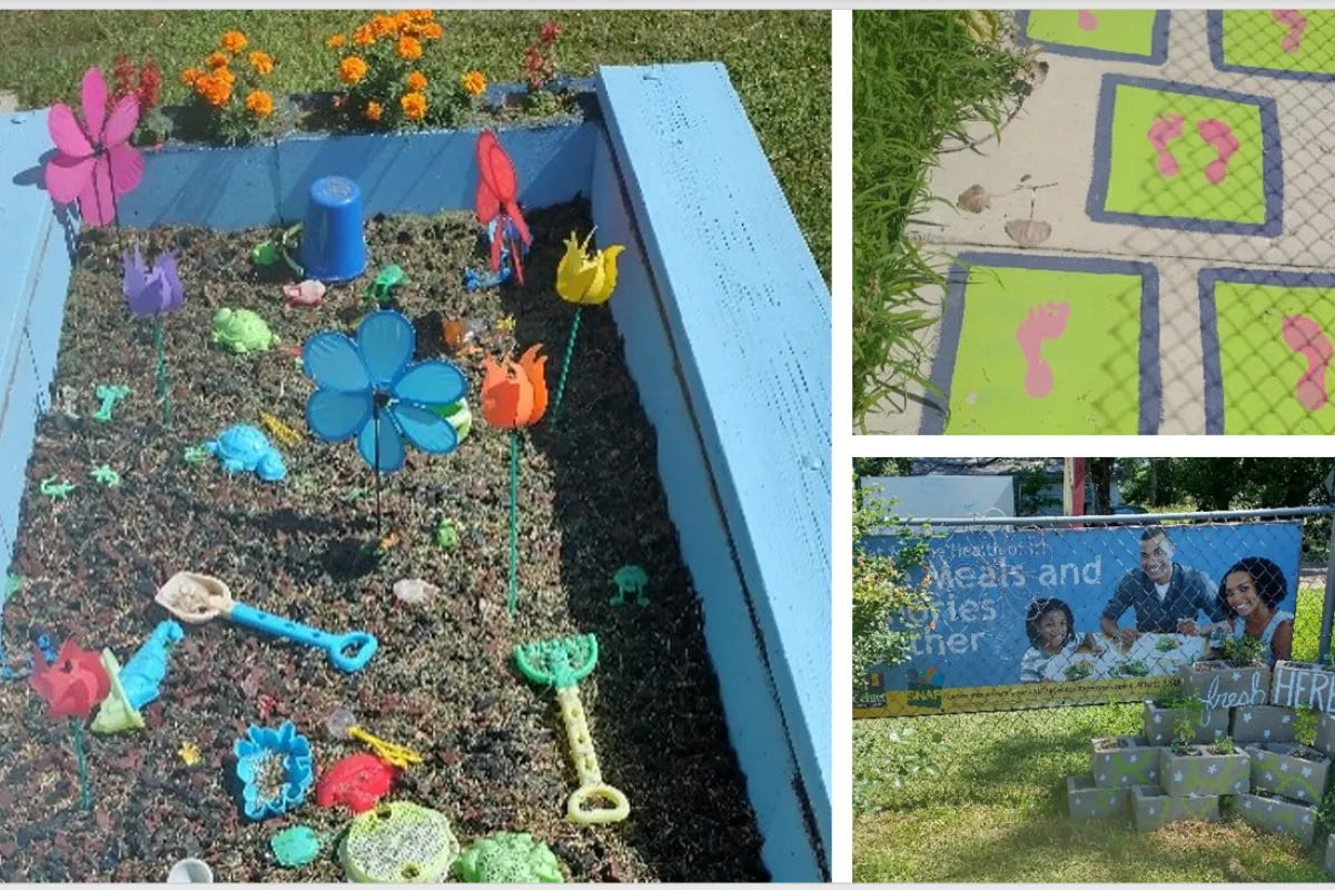 accessible garden: first image is a garden tool practice station, second image is a game station with non-verbal hopscotch, third image is a sensory garden including fragrant herbs