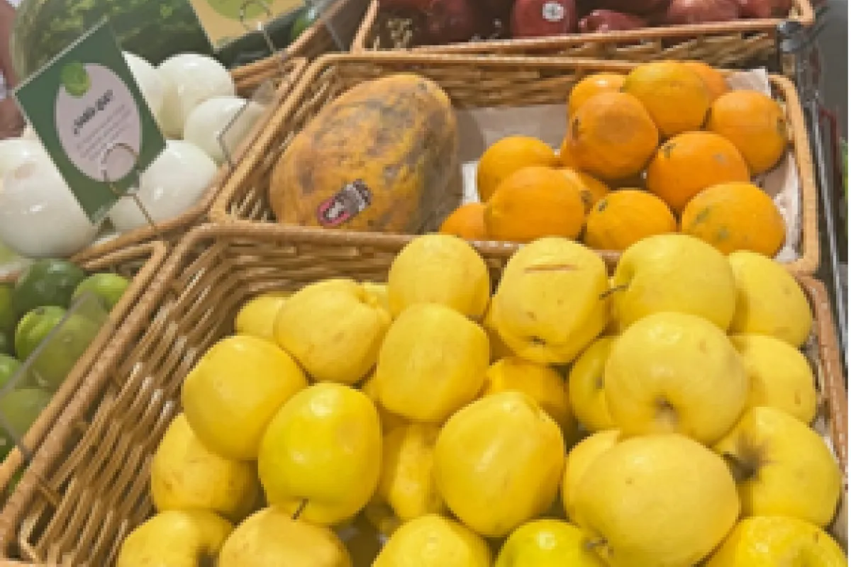 produce in a grocery store with Nutrition Nuggets signs