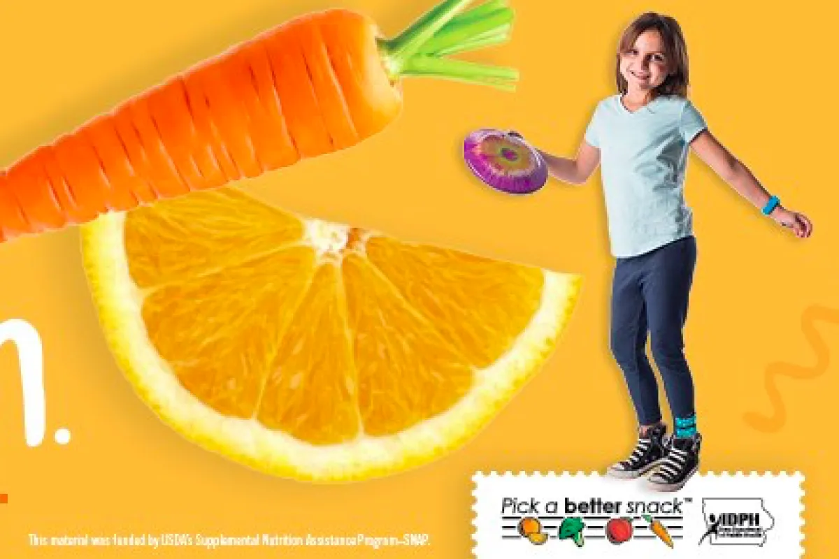 girl with a frisbee with an orange slice and carrot with an orange background