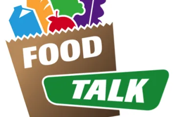 Food Talk Logo cartoon picture of a grocery bag with food