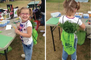 a girl with a backpack full of vegetables