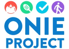 ONIE Project with drawings of a tomato, a cooking utensil, a check mark, and a person walking