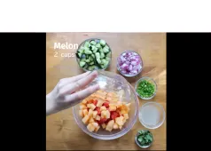 Melon 2 cups - bowls of melon, cucumbers, onions, greens