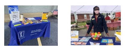 1st image: An empty display table; 2nd image; An educator works at a display table at an Illinois pantry