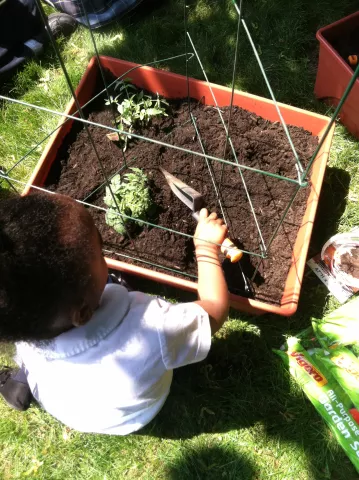 a garden plot with a child holding a trowel
