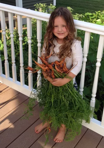 small girl holding a bunch of carrots she harvested