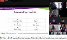 zoom call with images of students and a premade exercise list in two columns; first column 1 Jumping Jacks, 3, arm circles, 5 jump in place; 2nd column 2 squats, 4 calf raises, 6 lunges - CFHL, UCCE team demonstrates a brain break activity during a virtual class