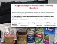 Hunger vital signs tm food insecurity screening questions example with a background of shelf stable food products